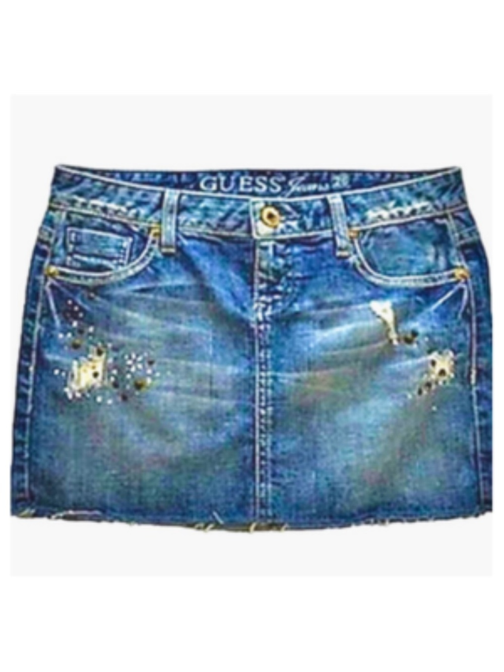 Vintage Guess Y2K Bedazzled Denim Mini Skirt Distressed Size 26